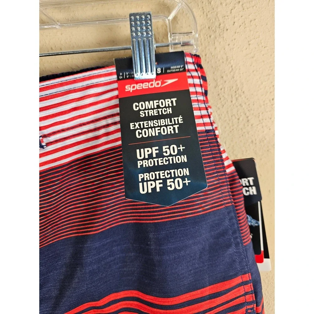 NWT Speedo Mens Red White Blue Striped Swim Trunks‎ Board Shorts Small